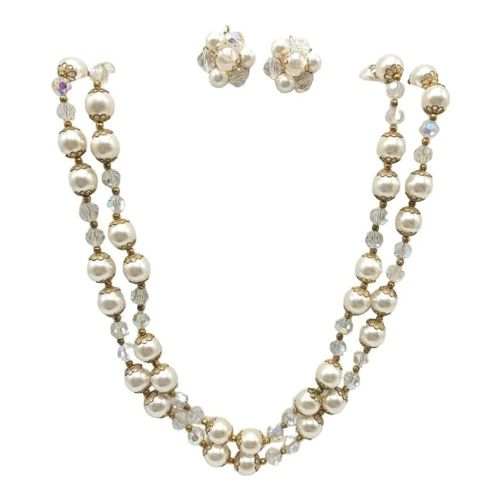 Japan Acrylic Pearl Crystal Bead Necklace Gold Toned Cluster Clip Earrings Set